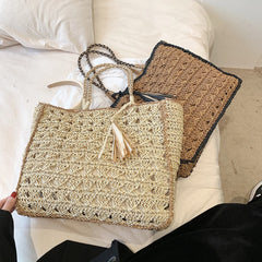 Women Weaving Bag Straw Handbag Tote Bag Hollow Out Tassel Shoulder Bag Solid Color Crochet Handbag Ladies Summer Beach Bag