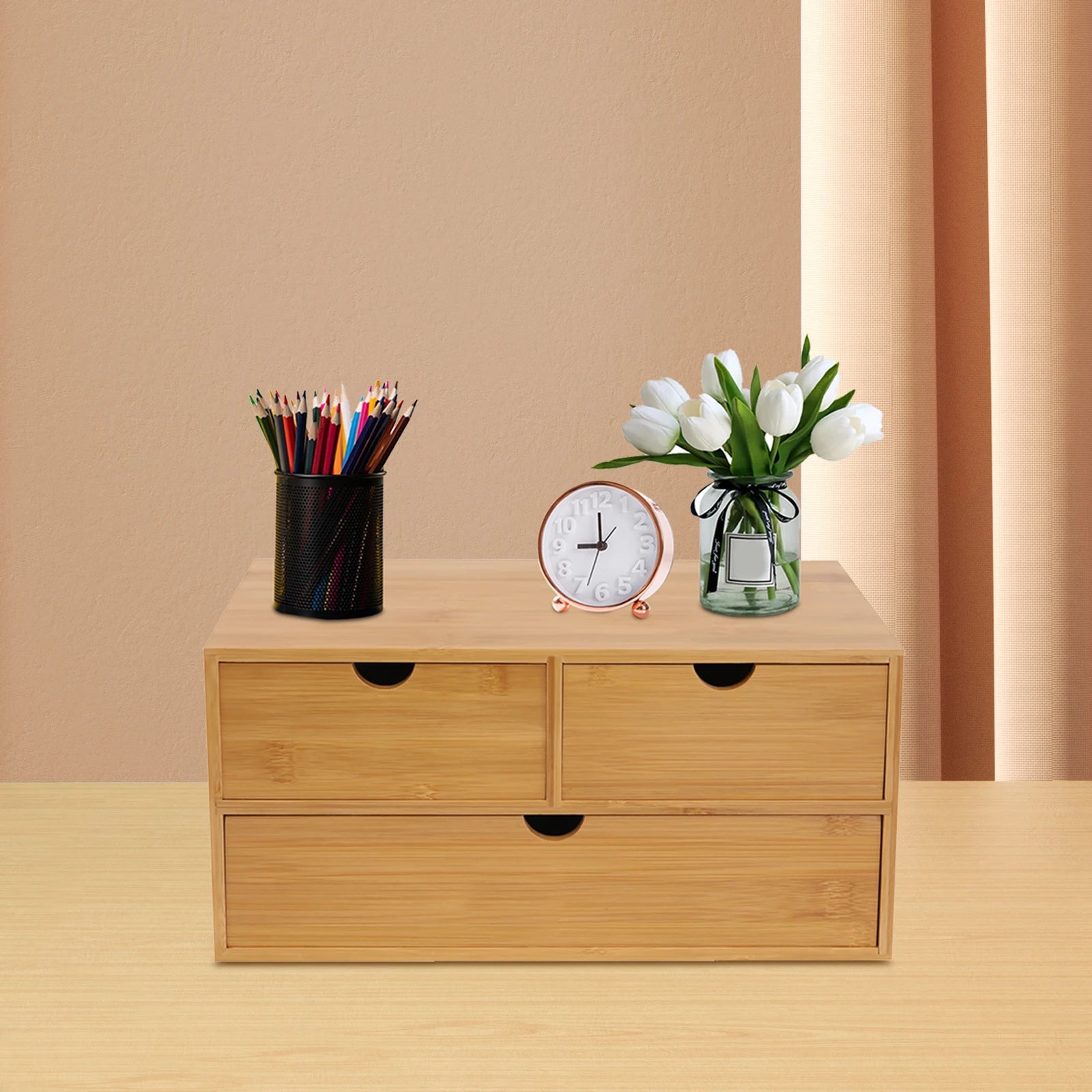 Bamboo Desk Organizer Mini Desk Organiser Tabletop Storage Organization Box with 3 Drawers For Office Home Toiletries Supplies
