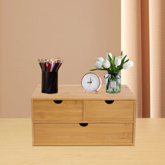 Bamboo Desk Organizer Mini Desk Organiser Tabletop Storage Organization Box with 3 Drawers For Office Home Toiletries Supplies