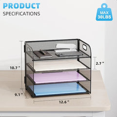 4 Tier Paper Organizer Letter Tray Mesh Desk File Organizer with Handle Paper Sorter Organizer for Letter A4 Office File Folder