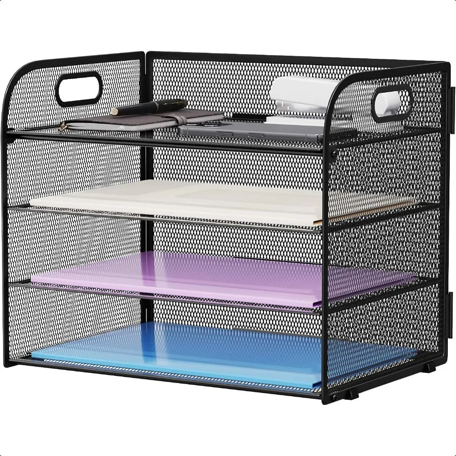 4 Tier Paper Organizer Letter Tray Mesh Desk File Organizer with Handle Paper Sorter Organizer for Letter A4 Office File Folder