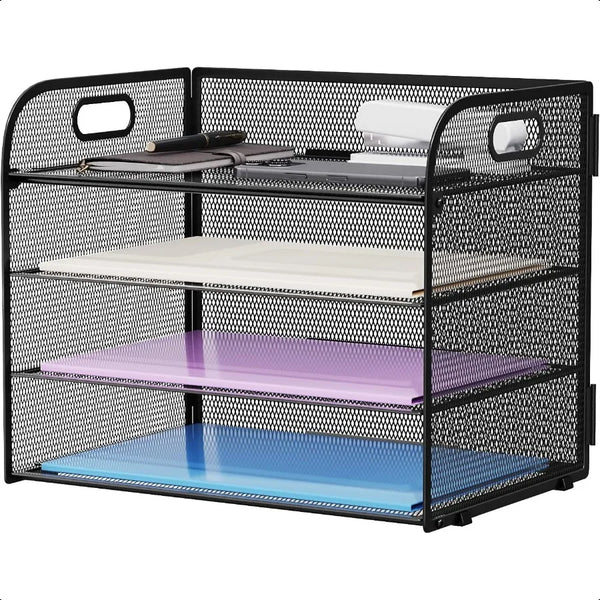 4 Tier Paper Organizer Letter Tray Mesh Desk File Organizer with Handle Paper Sorter Organizer for Letter A4 Office File Folder