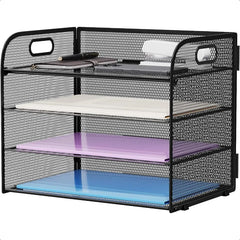 4 Tier Paper Organizer Letter Tray Mesh Desk File Organizer with Handle Paper Sorter Organizer for Letter A4 Office File Folder