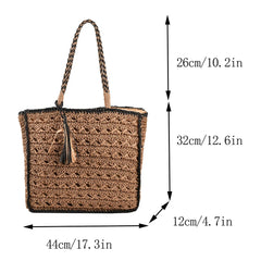 Women Weaving Bag Straw Handbag Tote Bag Hollow Out Tassel Shoulder Bag Solid Color Crochet Handbag Ladies Summer Beach Bag