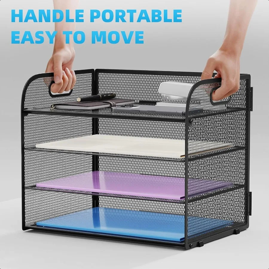 4 Tier Paper Organizer Letter Tray Mesh Desk File Organizer with Handle Paper Sorter Organizer for Letter A4 Office File Folder