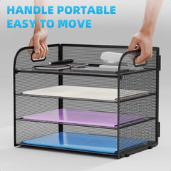 4 Tier Paper Organizer Letter Tray Mesh Desk File Organizer with Handle Paper Sorter Organizer for Letter A4 Office File Folder