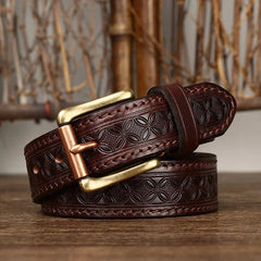 3.3cm Grain Real Genuine Cowskin Soft Cowhide Personality Lucky Totem Vintage Luxury Copper Buckle Jeans Belts For Men
