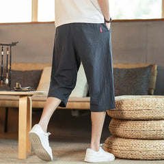 2025 Summer Men's Chinese Style Linen Casual Pants Cotton and Linen Crop Pants Loose Seven-minute