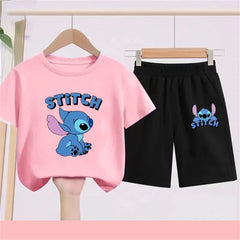 3-10Y Girls Disney Stitch T Shirts Sets Summer Cute Cartoon Short Sleeve Children's Casual Boys Clothing Tees T-shirt Kids' Top